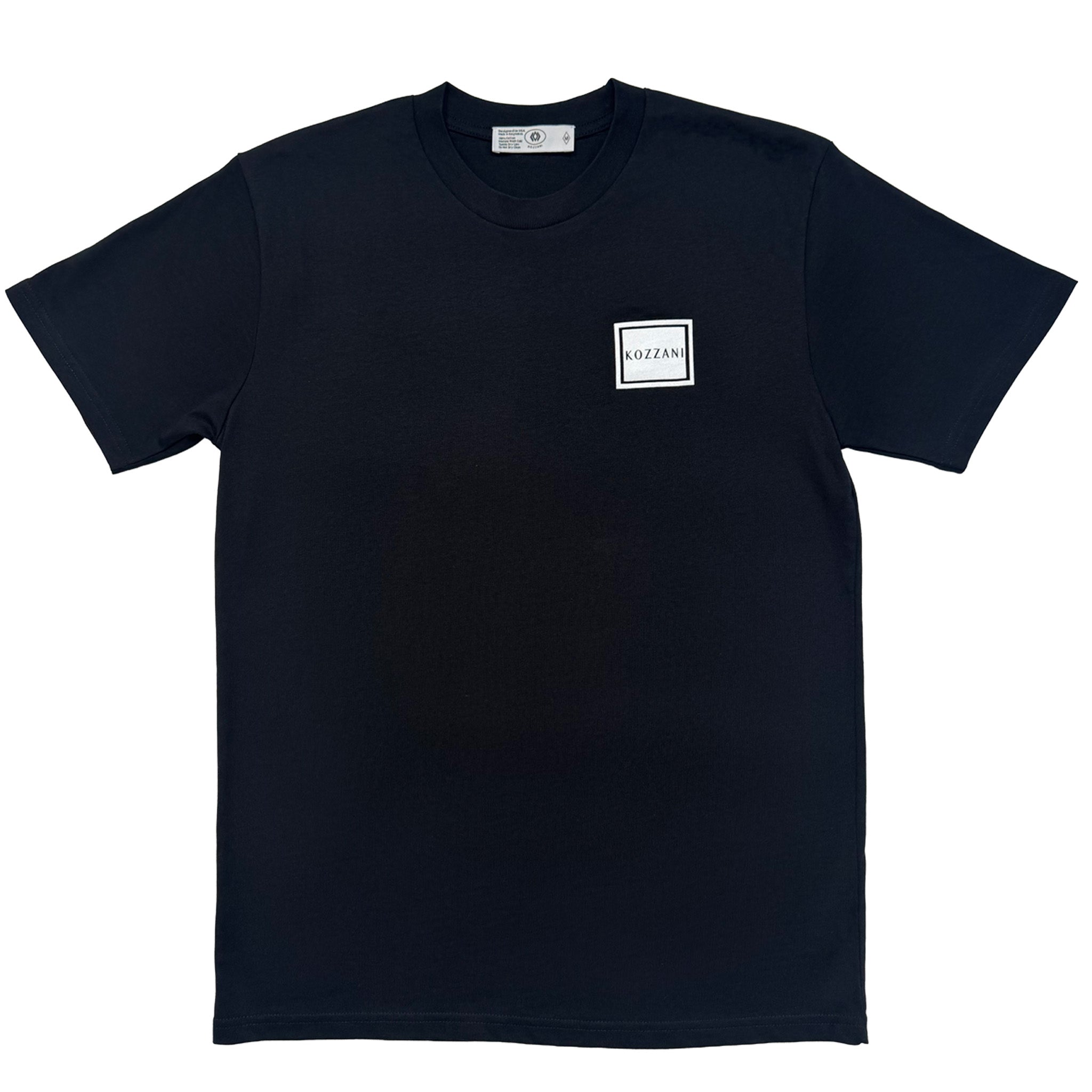 Dark navy cotton T-shirt with small square chest logo patch