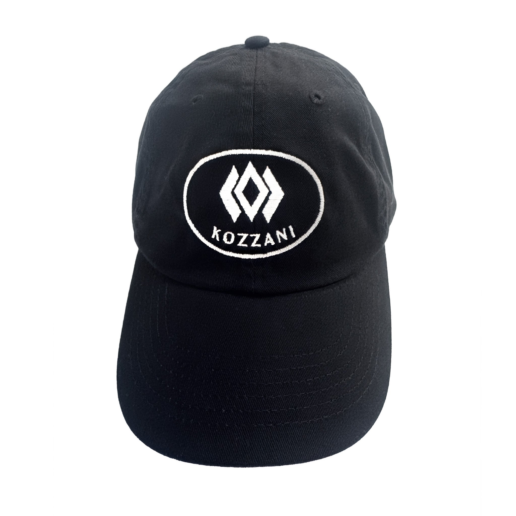 Black cap with oval KOZZANI logo embroidery centered on the crown