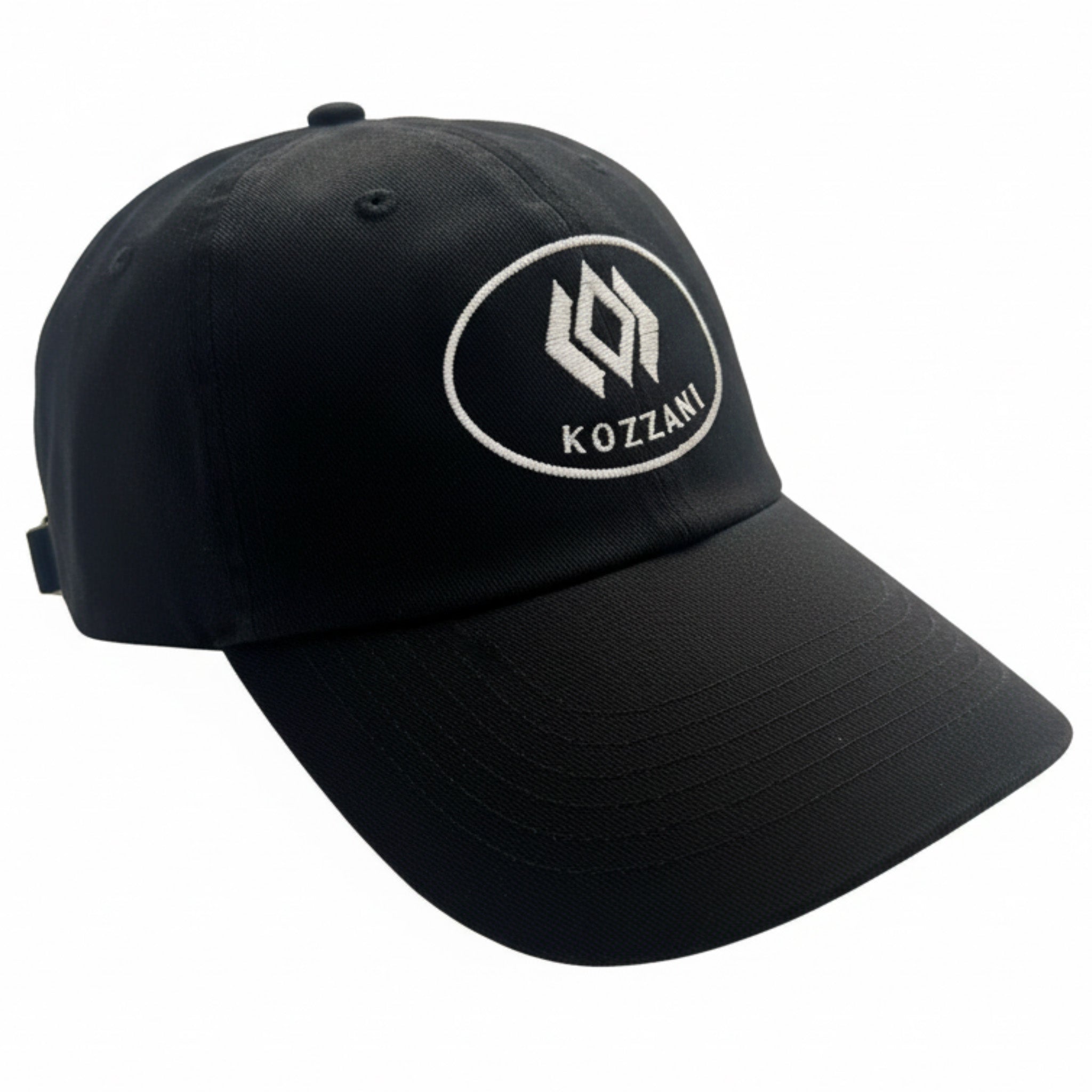 Black baseball cap with embroidered Kozzani logo patch