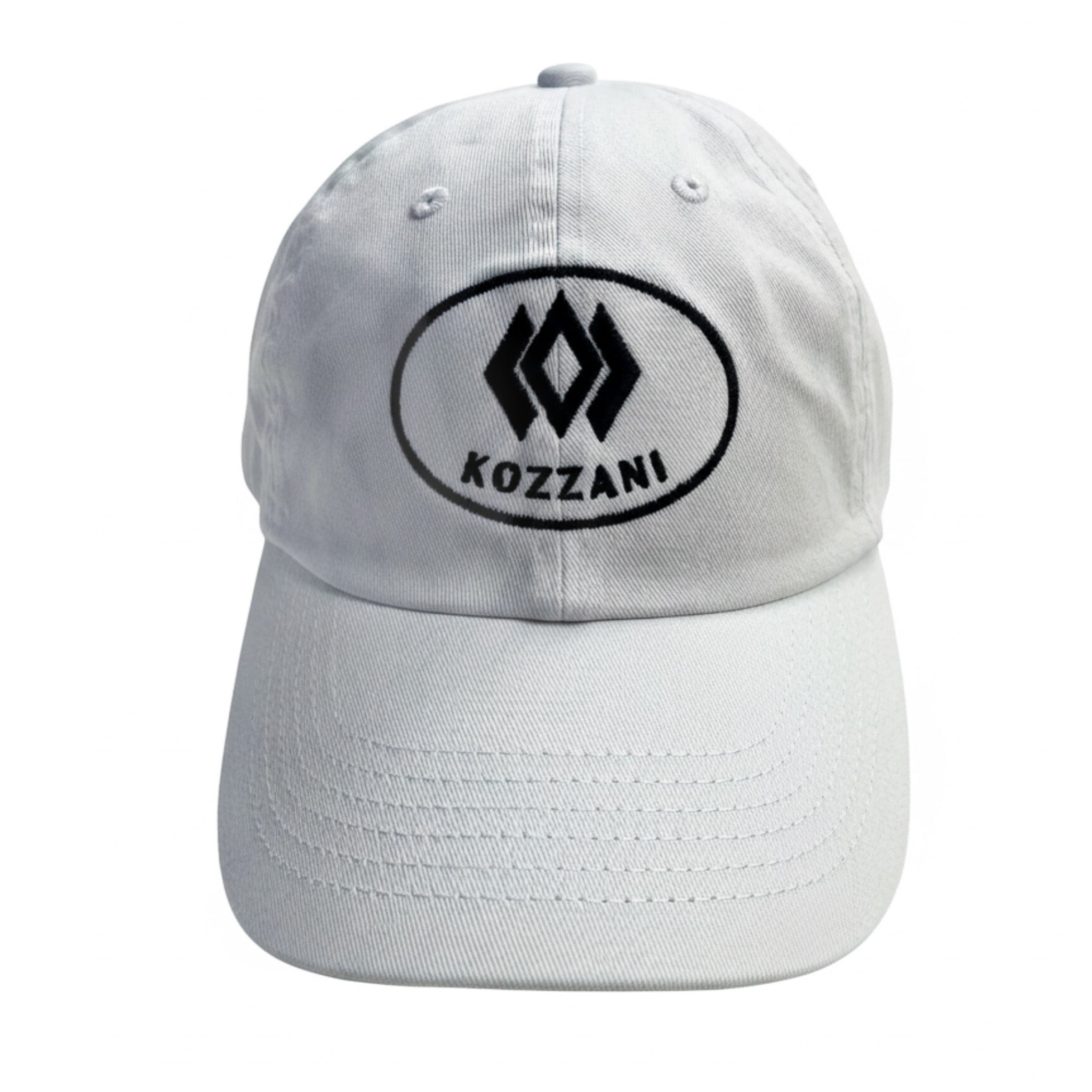 White baseball cap with oval Kozzani logo patch on the front