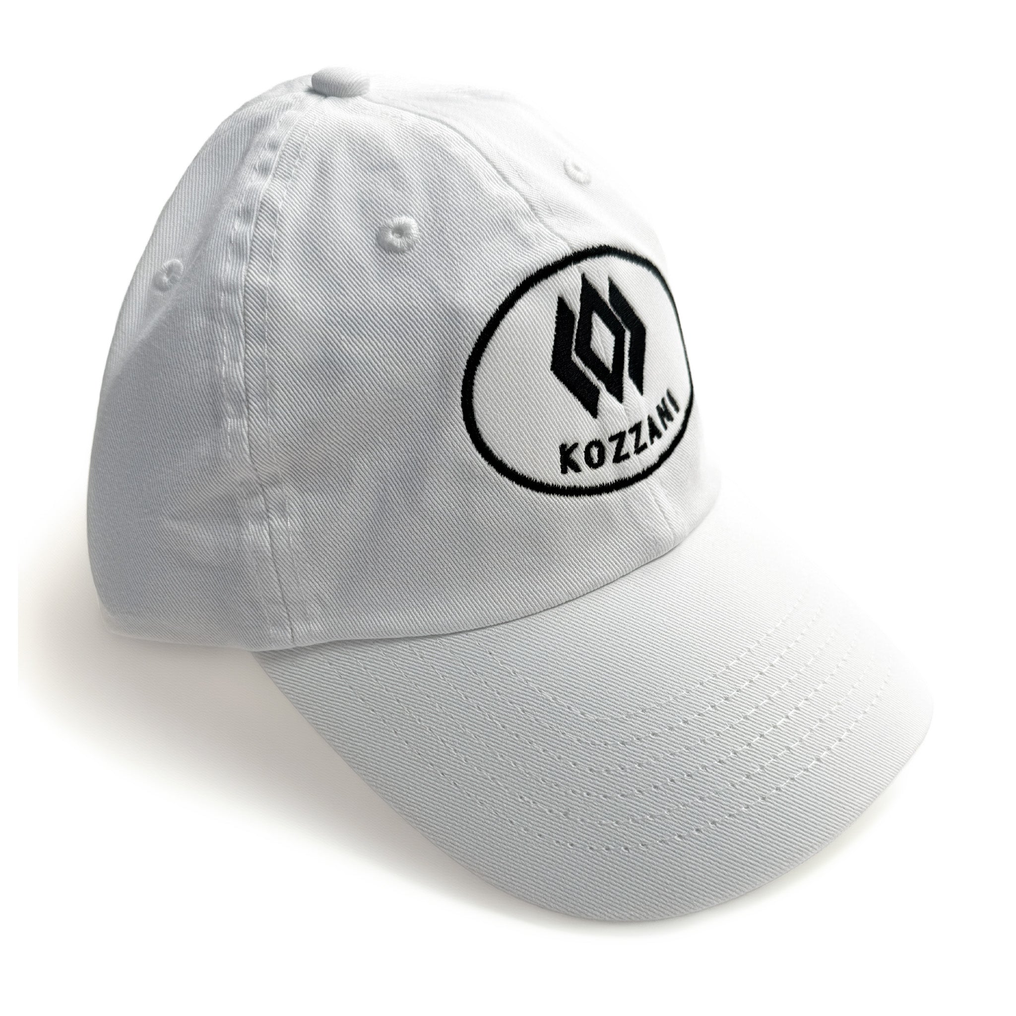 White baseball cap with oval logo patch on the front panel