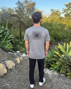 Gray crew-neck tee with back square geometric logo patch