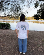 White crew-neck T-shirt with large back graphic print