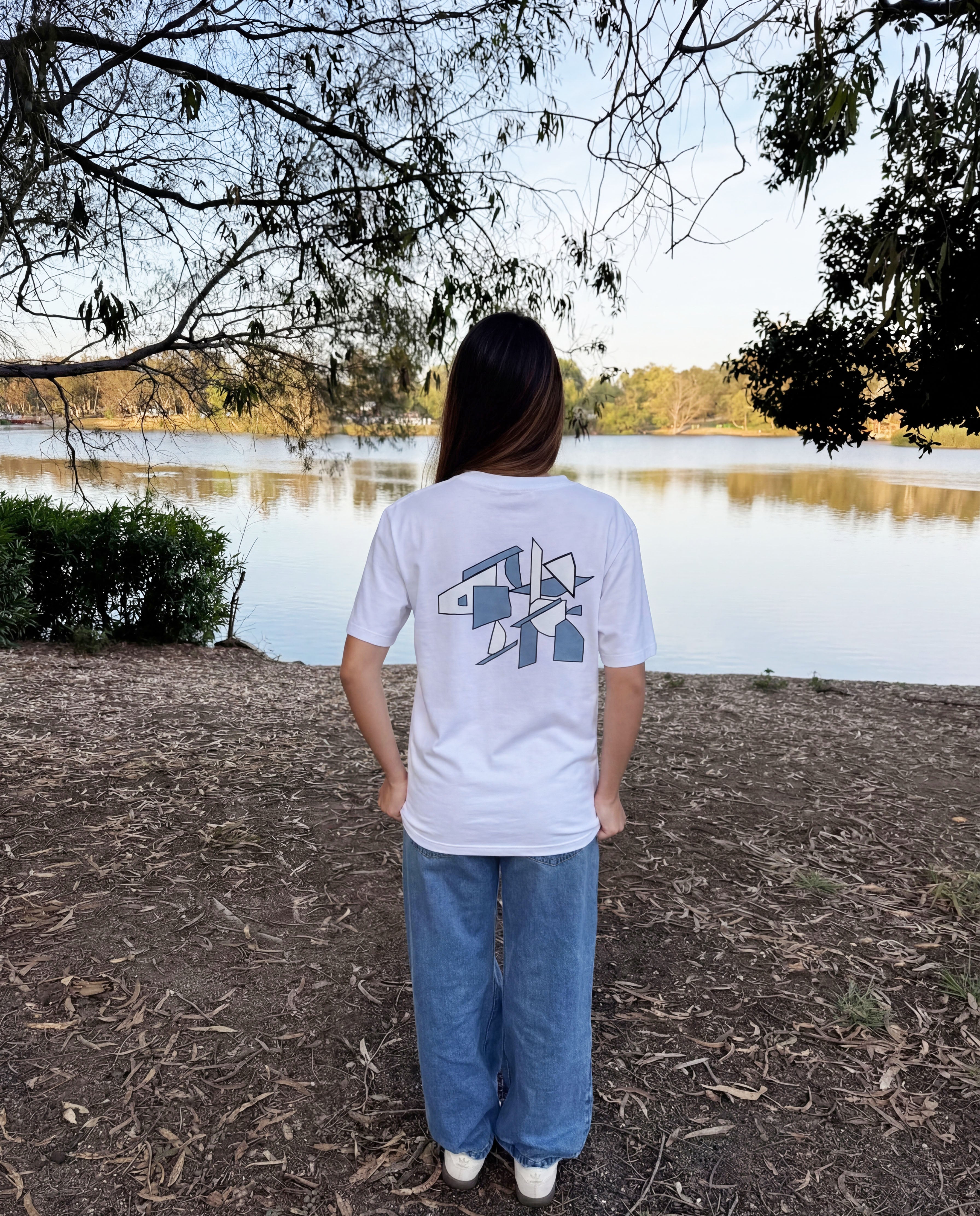White crew-neck T-shirt with large back graphic print