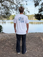 White crew-neck T-shirt with large back graphic print