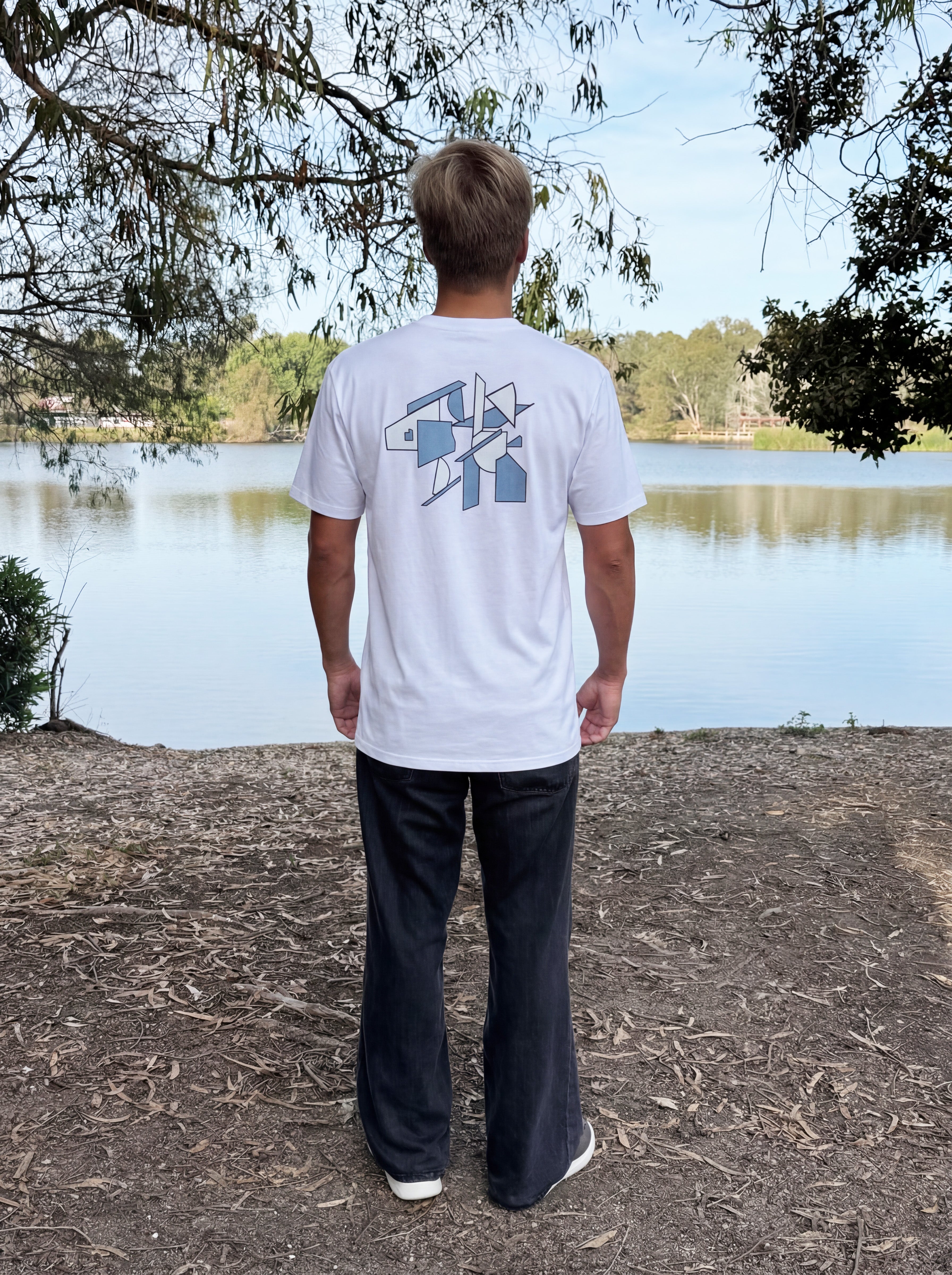 White crew-neck T-shirt with large back graphic print