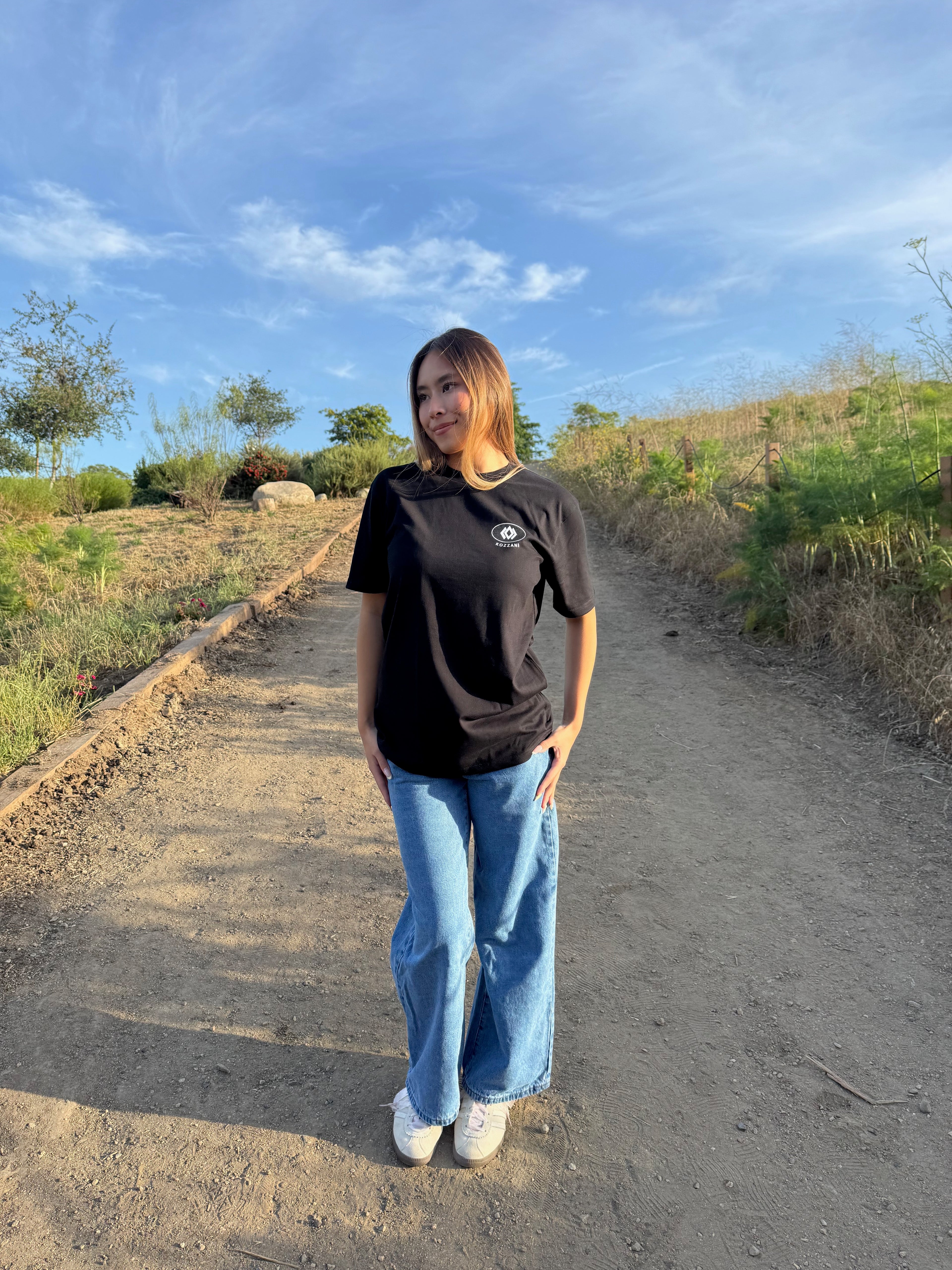 Black graphic logo T-shirt, crew neck, short sleeves; front logo visible.