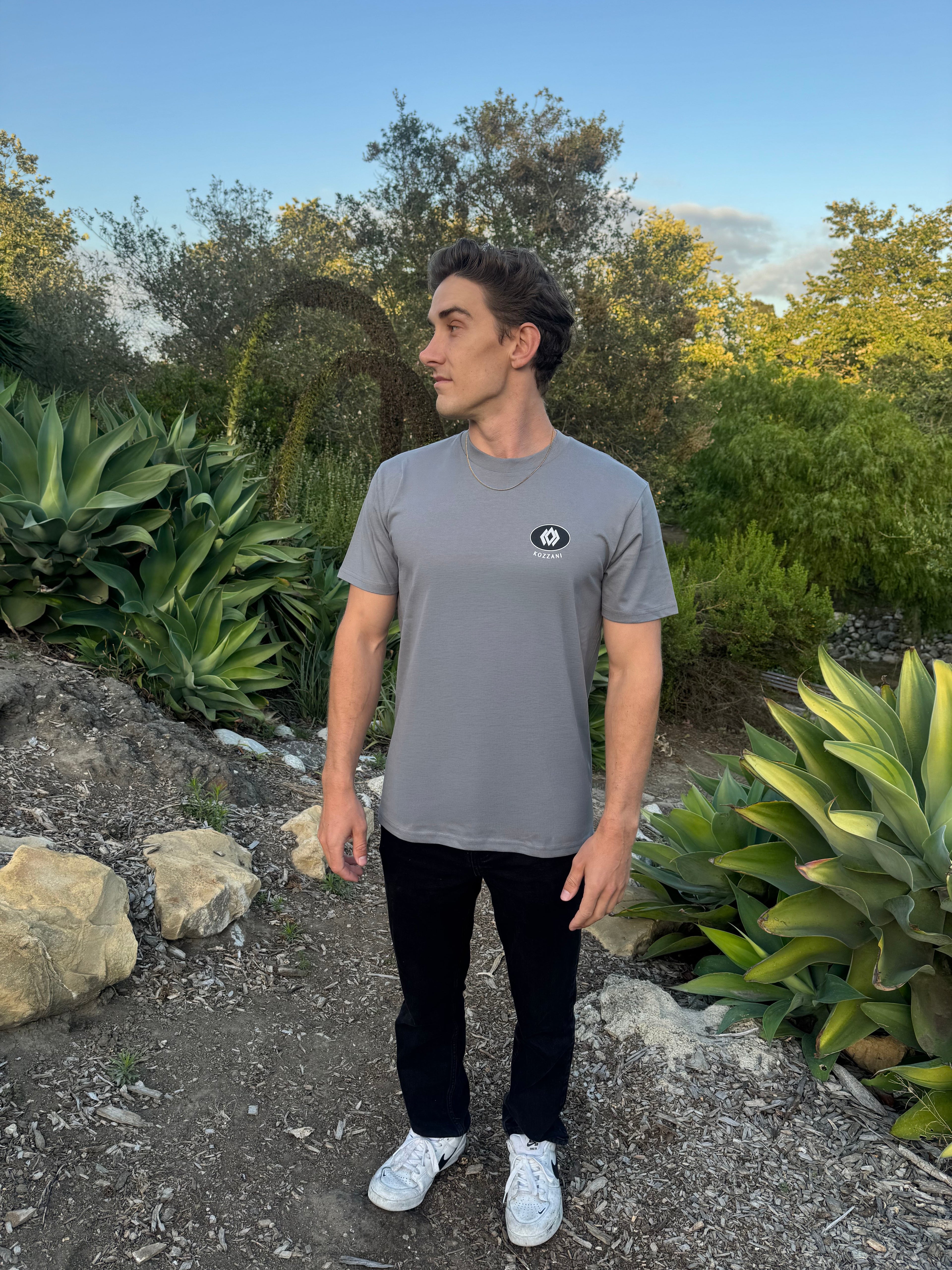 Gray crew-neck T-shirt with small chest logo patch