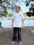 White crew-neck T-shirt with small chest logo patch
