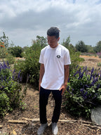 White T-shirt with small chest logo, crew neck, short sleeves