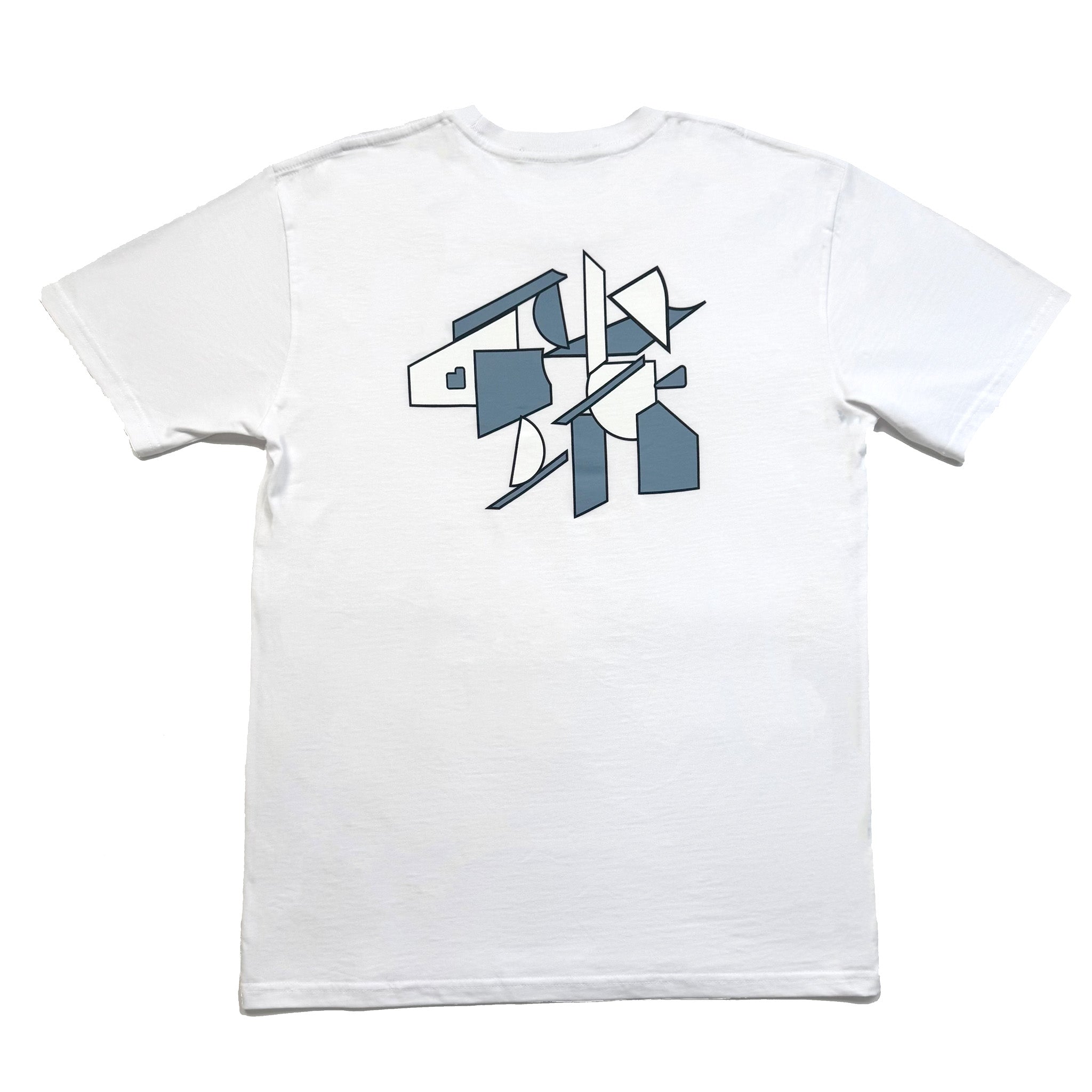 Gracia II T-shirt in white, back print with blue-and-white geometric graphic