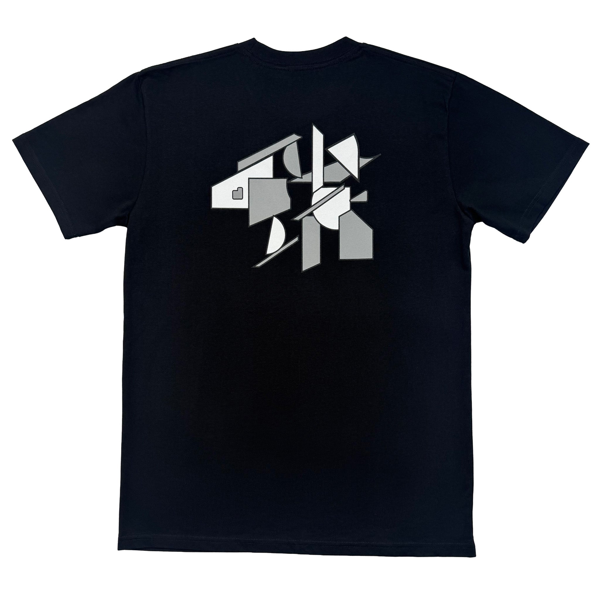 Navy T-shirt with large back geometric print and crew neck.